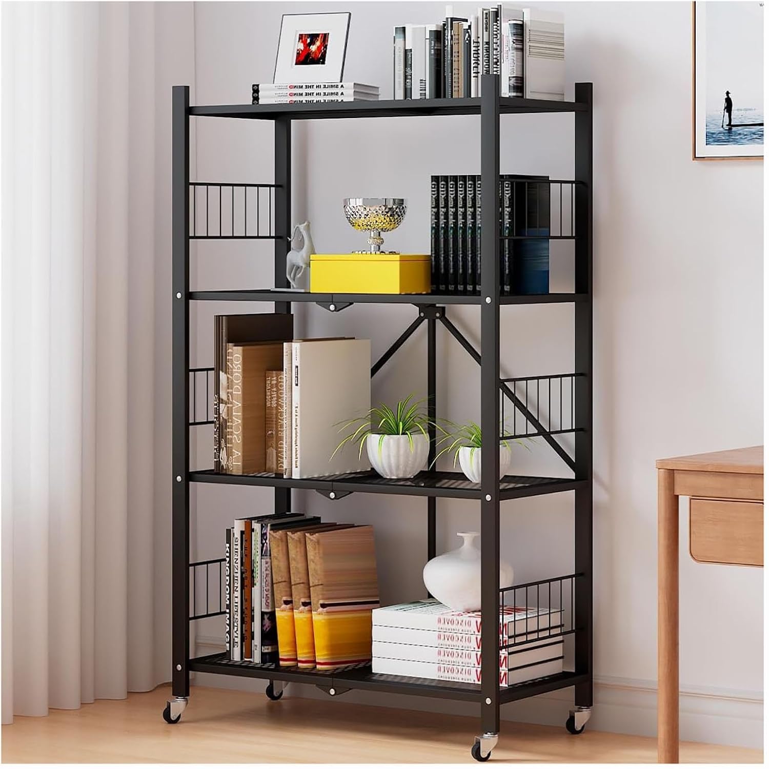 No Assembly Folding Bookcase Storage 4 Tier Vintage Bookcase Vertical Bookcase Study Organizer Home Office (Color : Black- L71xW35xh125cm)