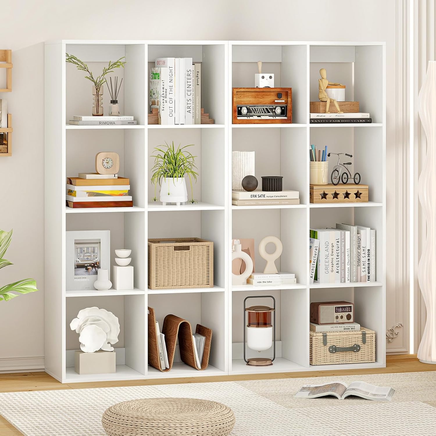 SILKYDRY 8 Cube Storage Organizer Set of 2, 4 Tier Floor Standing Bookshelf, 54 inch Tall Bookcase, Wooden Open Display Shelf for Living Room, Bedroom, Study, White Bookshelf with Open Back