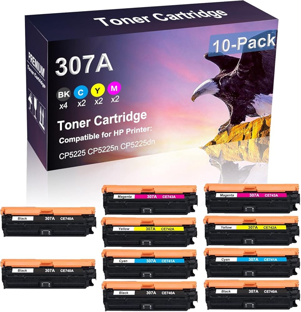 10 Pack (4BK+2C+2Y+2M) Compatible 307A | CE740A CE741A CE742A CE743A Printer Toner Cartridge use for HP CP5225n Printer(High Capacity)