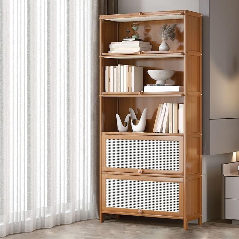 CraftThink Wooden Bookshelf, 5 Tier Bamboo Light Brown Bookshelf Modern Standard Bookcase Rectangle Shelves with Doors for Bedroom,Office,Kitchen,Living Room (31.5