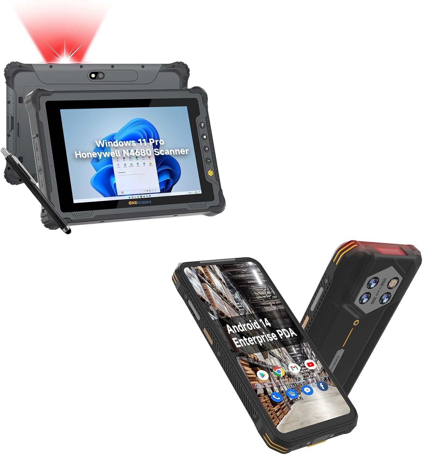 ONERugged Rugged Tablet with Barcode Scanner M80J and Handheld PDA H68T, 8GB+128GB Industrial Work PC for WMS, Retail