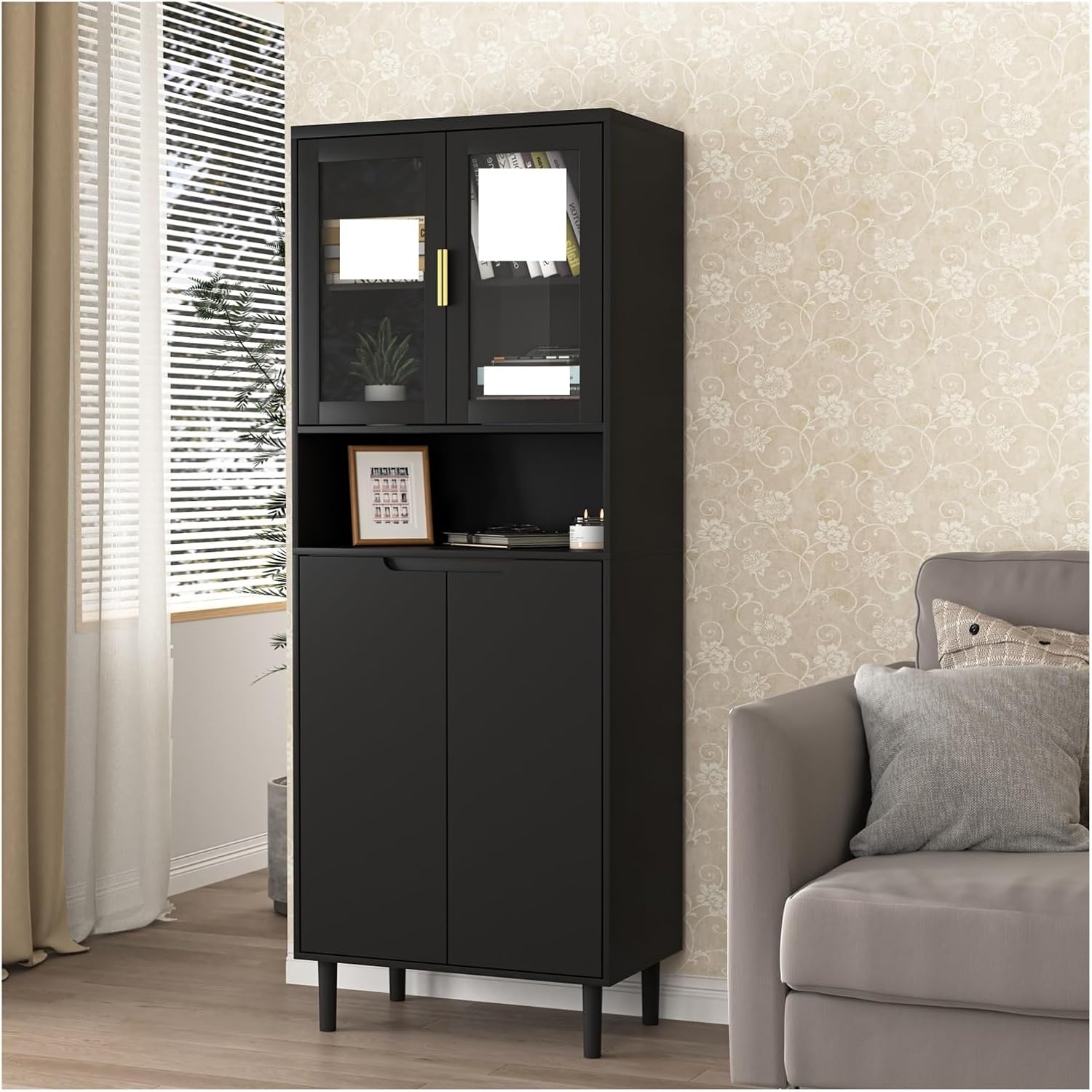 Tempered Glass Door Tall Storage Bookcase with Adjustable Board,4 Doors MDF Painting Finished Cabinet,Living Room Bedroom ﻿,for Dining Room