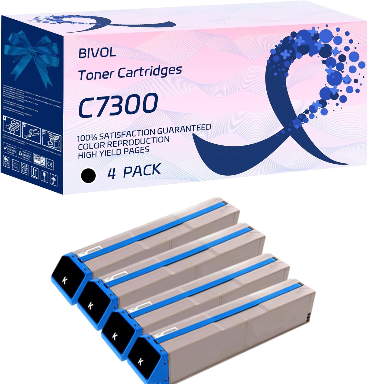 BIVOL C7300 Toner Cartridges Compatible for Okidata OKI C7100 C7300 C7350 C7500 C7550 Printers, with Chip, High Yield 10000 Pages, Vivid Colors (4 Pack Black)