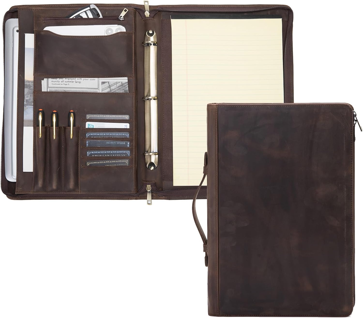 Geslun Genuine Leather 3 Ring Binder Portfolio, 8.5 x 14 Legal Size Pad Holder, Hidden Handle, Zippered Padfolio with 15” Laptop Organizer, Professional Business Folio for Men Women, Dark Khaki