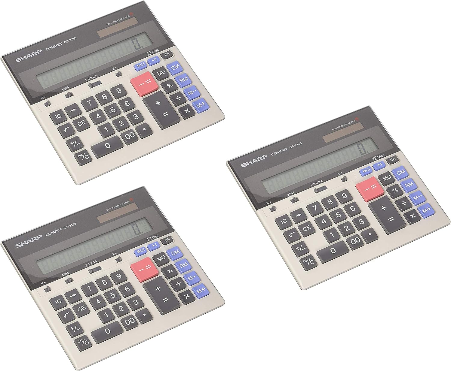 Sharp QS-2130 12-Digit Commercial Desktop Calculator with Kickstand, Arithmetic Logic, Battery and Solar Hybrid Powered LCD Display, Great for Home and Office Use (Pack 3)