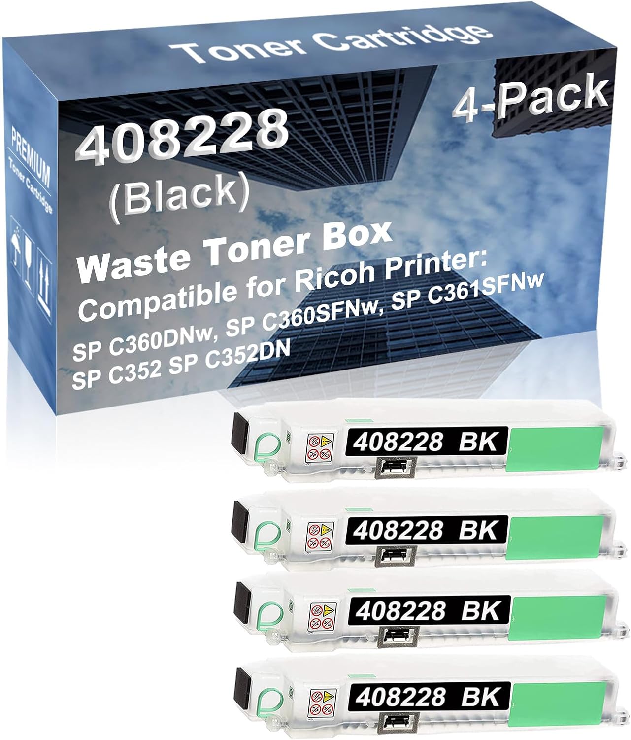 4-Pack Compatible High Capacity SP C360DNw, SP C360SFNw, SP C361SFNw, SP C352, SP C352DN Printer Waste Toner Container Box Replacement for Ricoh 408228 Toner Cartridge (Black)