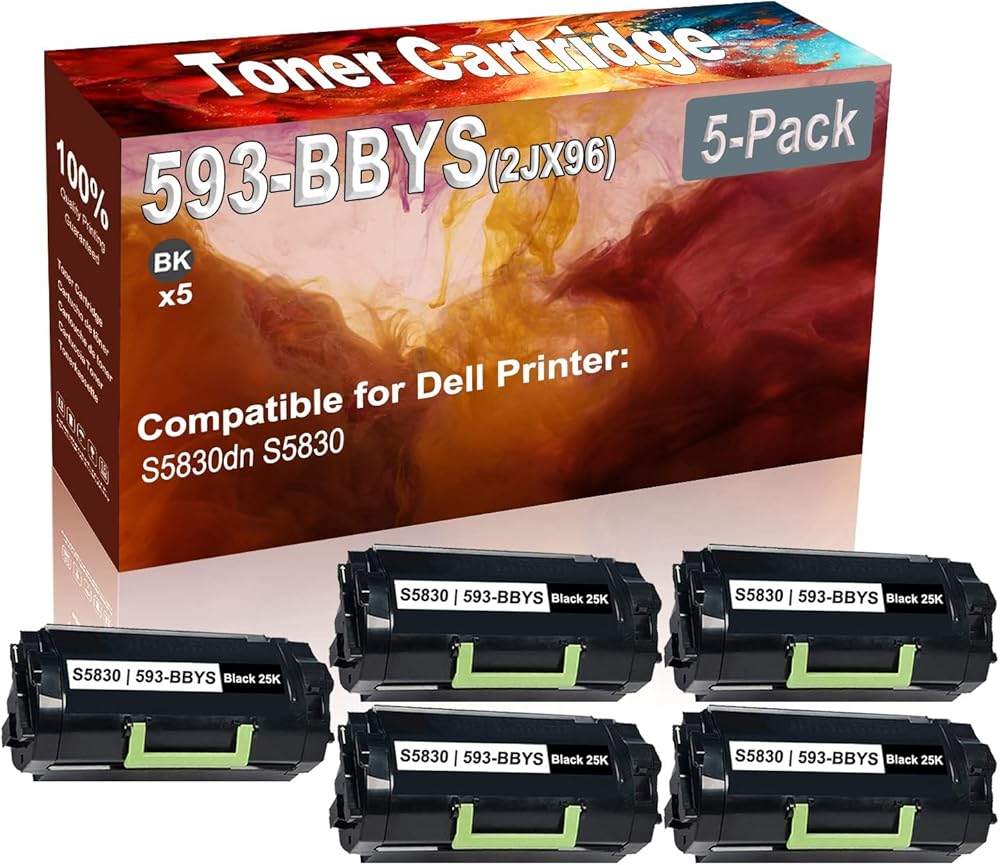5-Pack Compatible High Capacity 593-BBYS (2JX96) Laser Printer Toner Cartridge use for Dell S5830dn S5830 Printer (Black)
