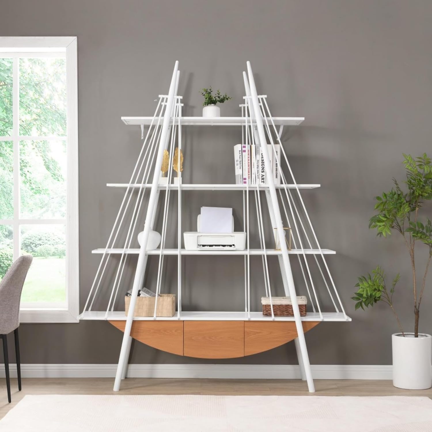 Sailboat-Inspired Bookshelf, 70.87 inch Industrial 4-Tier Open Storage Shelf with Drawer, Wooden & Metal Freestanding Bookcase, Sturdy Display Rack for Living Room