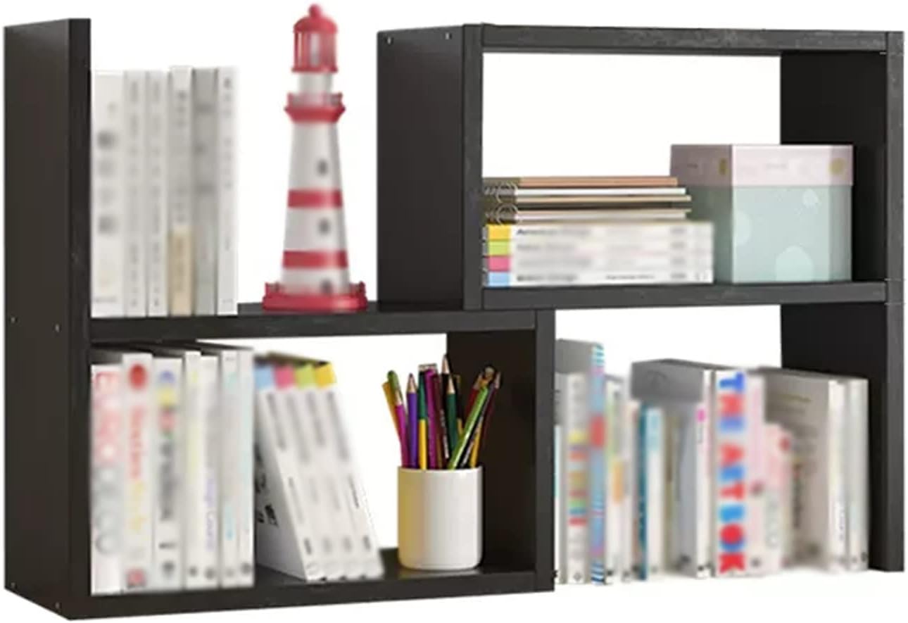 mengli-99 Bookcase Wood Expandable Desktop Bookshelf Adjustable Desktop Shelves Rack Storage Organizer Free Style Double P Display for Office Supplies, Makeup（Black） Bookshelf