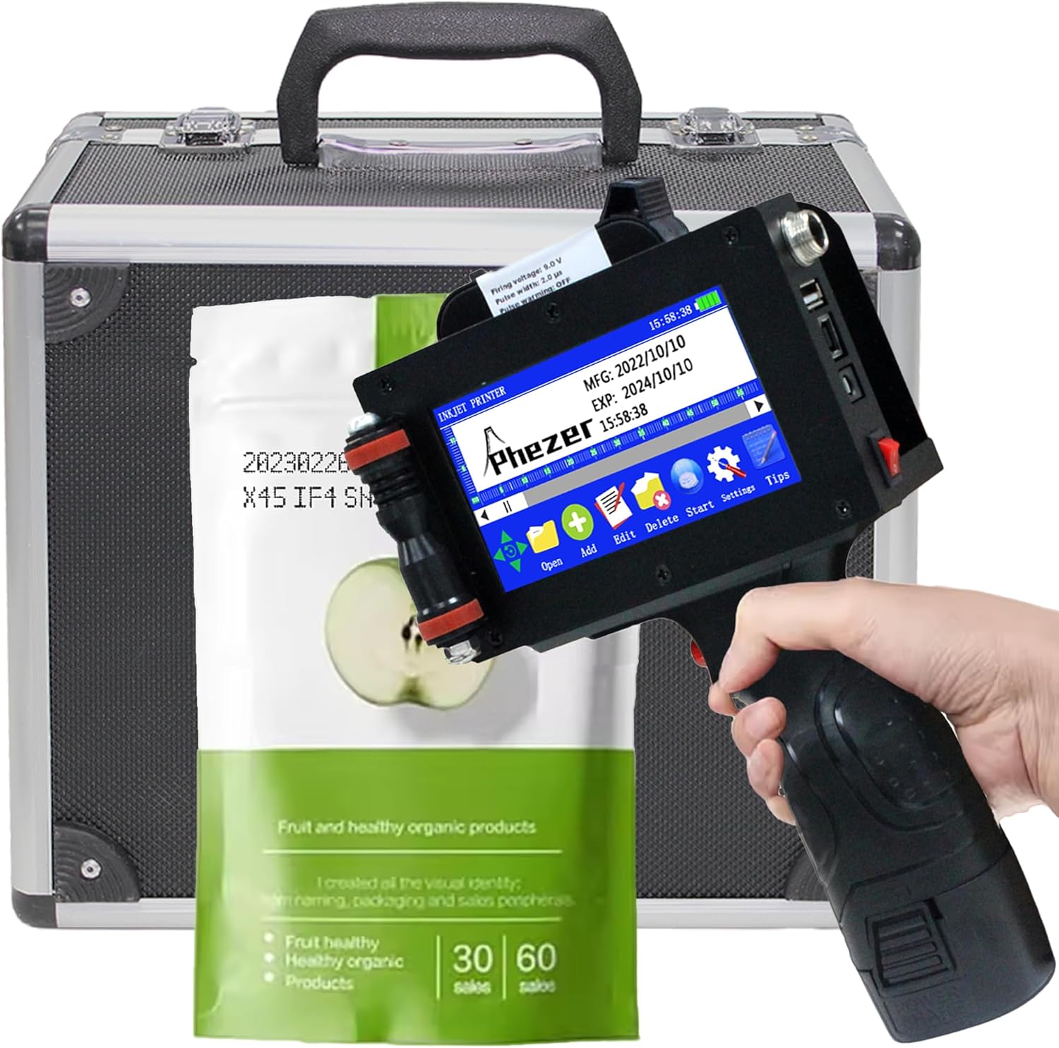 Phezer P16-1 Handheld Inkjet Printer, Printing Height 1 Inch with 72ml Solvent Ink Cartridge, Portable Intelligent Coding Machine for Expiry Date/Time/Barcode/QR Code/Logo (Metal Body)