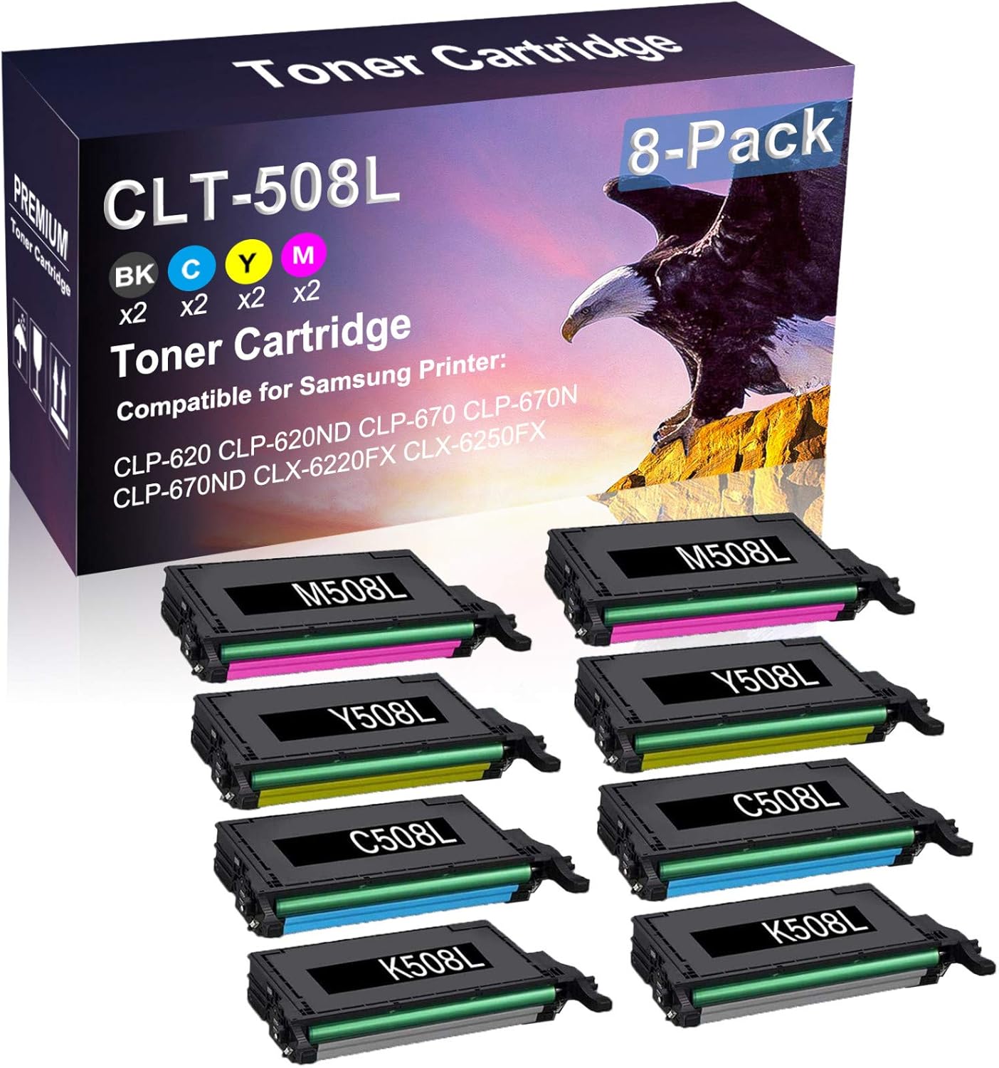 8 Pack (2BK+2C+2Y+2M) Compatible CLP-670ND CLX-6220FX CLX-6250FX Printer Toner Cartridge Replacement for Samsung CLT-508L CLT-K508L CLT-C508L CLT-Y508L CLT-M508L Laser Printer Cartridge(High Capacity)