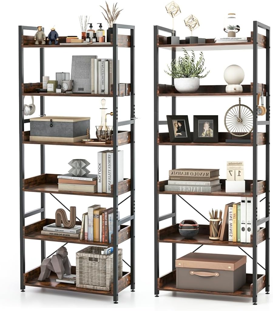 MAT EXPERT 6-Tier Bookshelf Set of 2, 70” Tall Open Display Rack with Adjustable Foot Pads & Removable Hooks, Industrial Storage Bookcase for Living Room, Balcony, Study (Rustic Brown x 2)