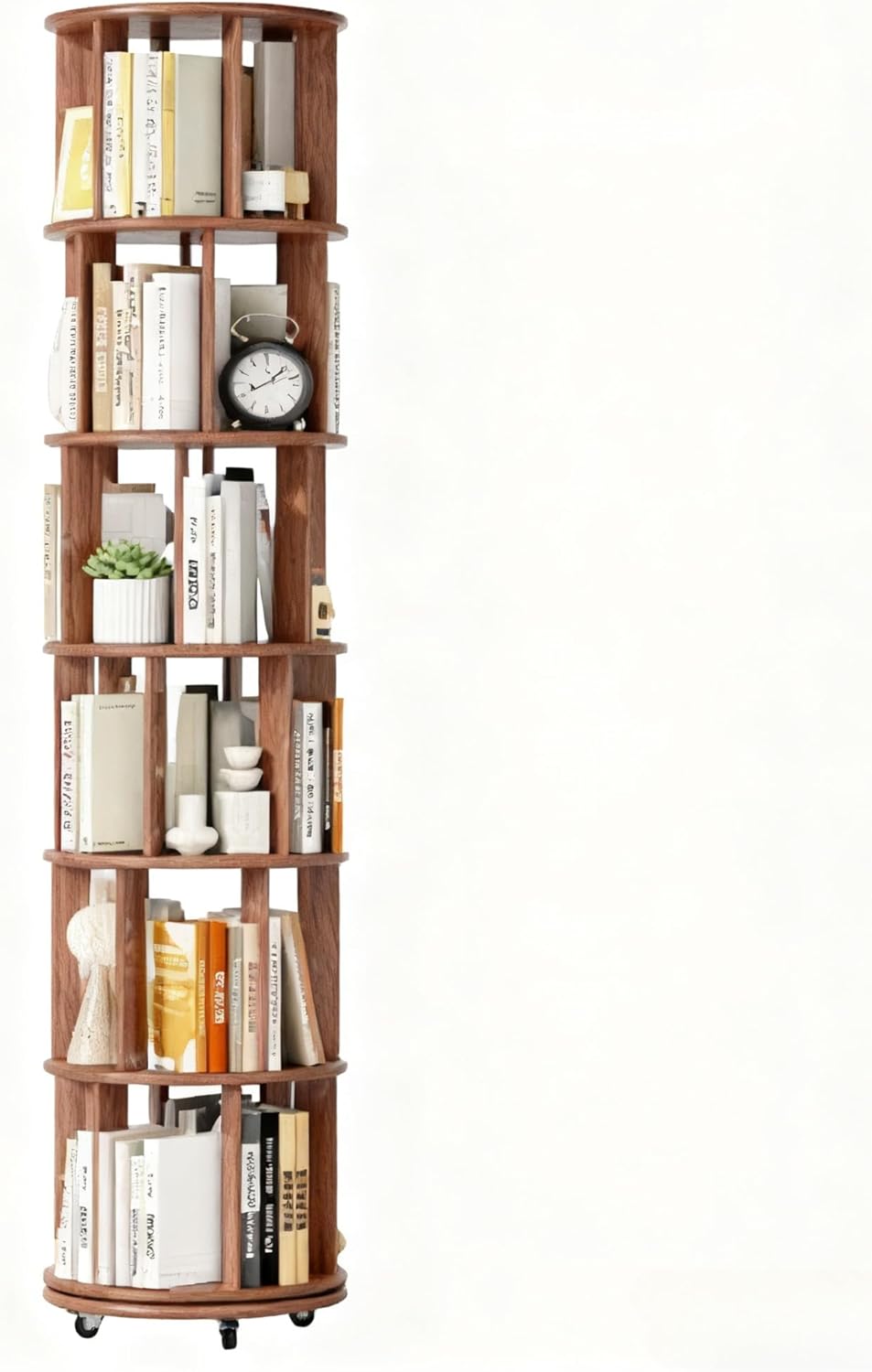Solid Wood Rotating Bookshelf on Wheels - Gorgeous 6 Tier Round Revolving Bookcase, 360° Spinning Book Shelf Tower, Seamlessly Fits Small Spaces, Corners, Bedrooms & Offices - Elegant Walnut Look