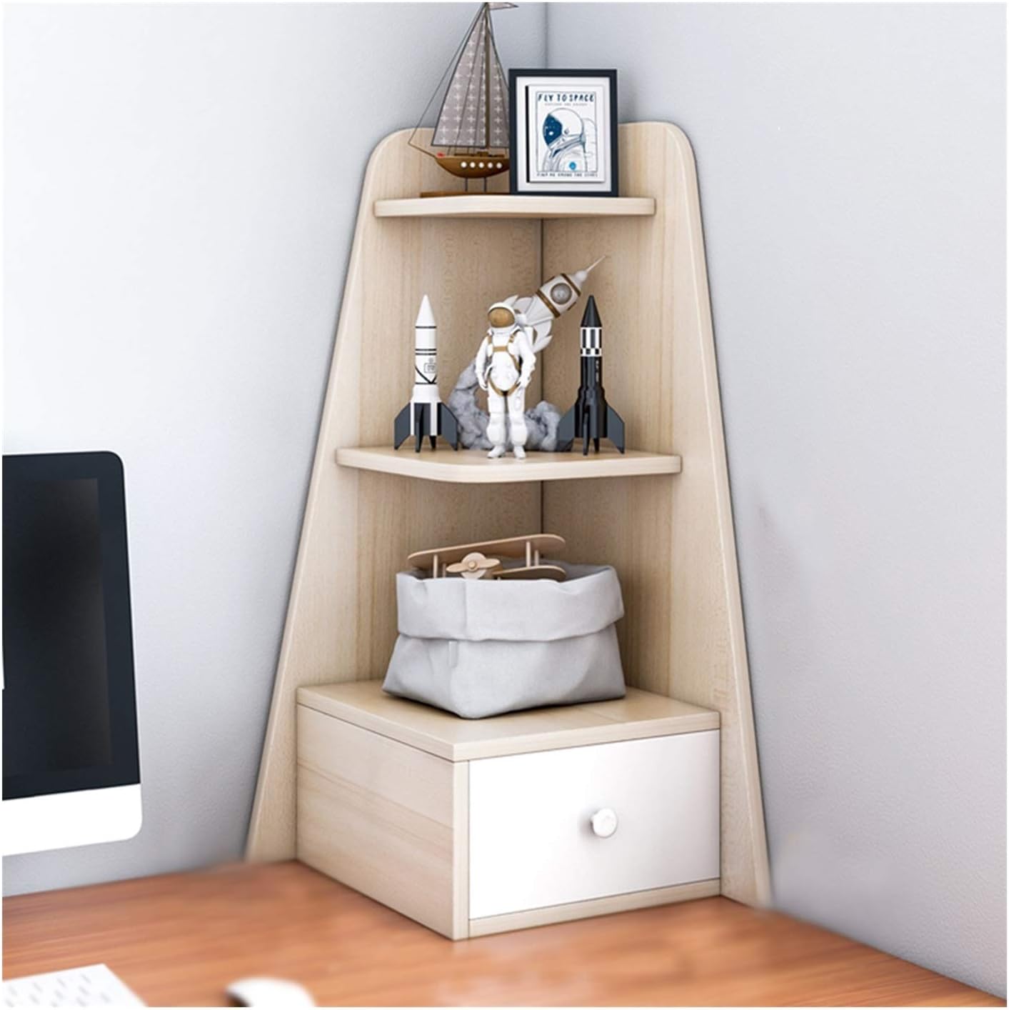 Bookshelf 3 Tier Desktop Corner Bookcase with 1 Drawer Bookshelf Office Supplies Wood Desk Organizer Accessories Display Rack Small Bookcase (Color : B) (C)