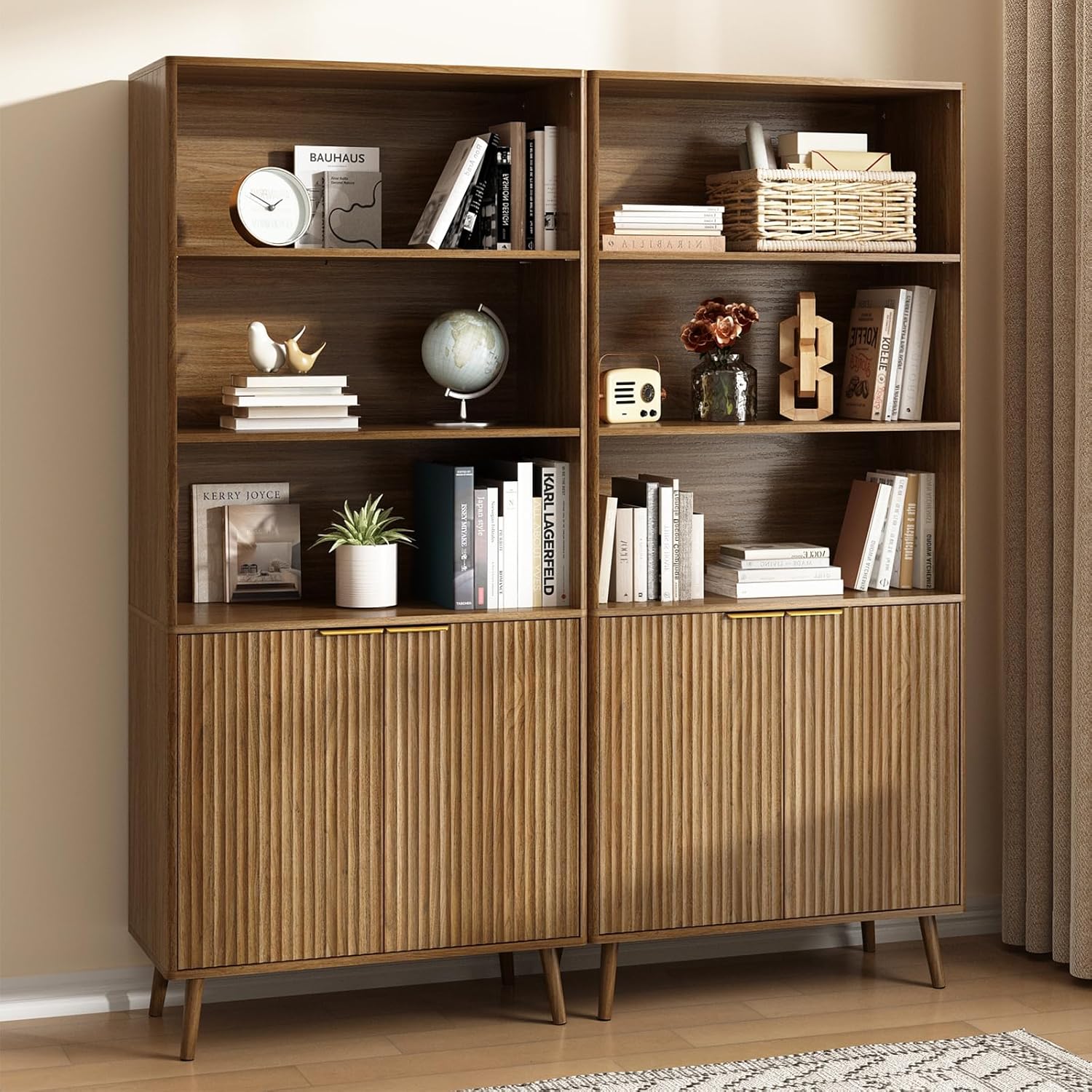 CARPETNAL Walnut Bookcase with Fluted Doors, 70.9