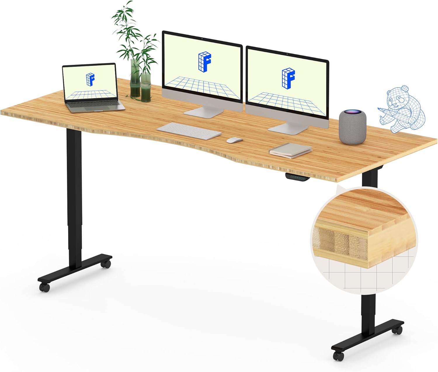 FLEXISPOT E6 MAX Bamboo 72x30 Inch Dual Motor 3-Stage Heavy Duty Standing Desk, 330lbs Weight Capacity, Height Adjustable Desk w/Cable Management & Wheels (Solid Bamboo Curved Desktop + Black Frame)