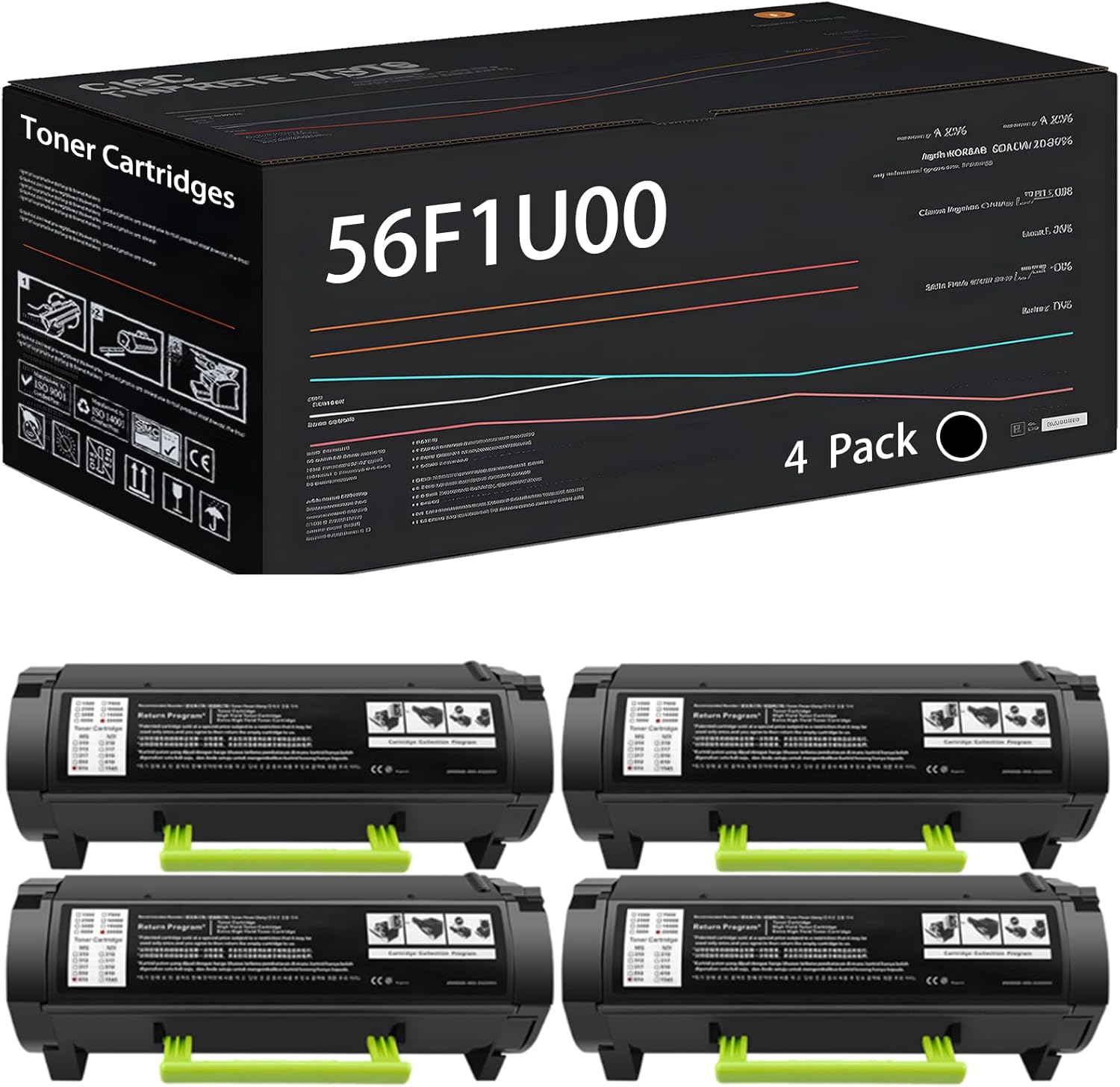 UVUMB 56F1U00 Toner Cartridges Compatible for Lexmark MS521dn MS621dn MS622de Printers, with Chip, High Yield 26000 Pages, High-Definition Printing (4 Pack Black)