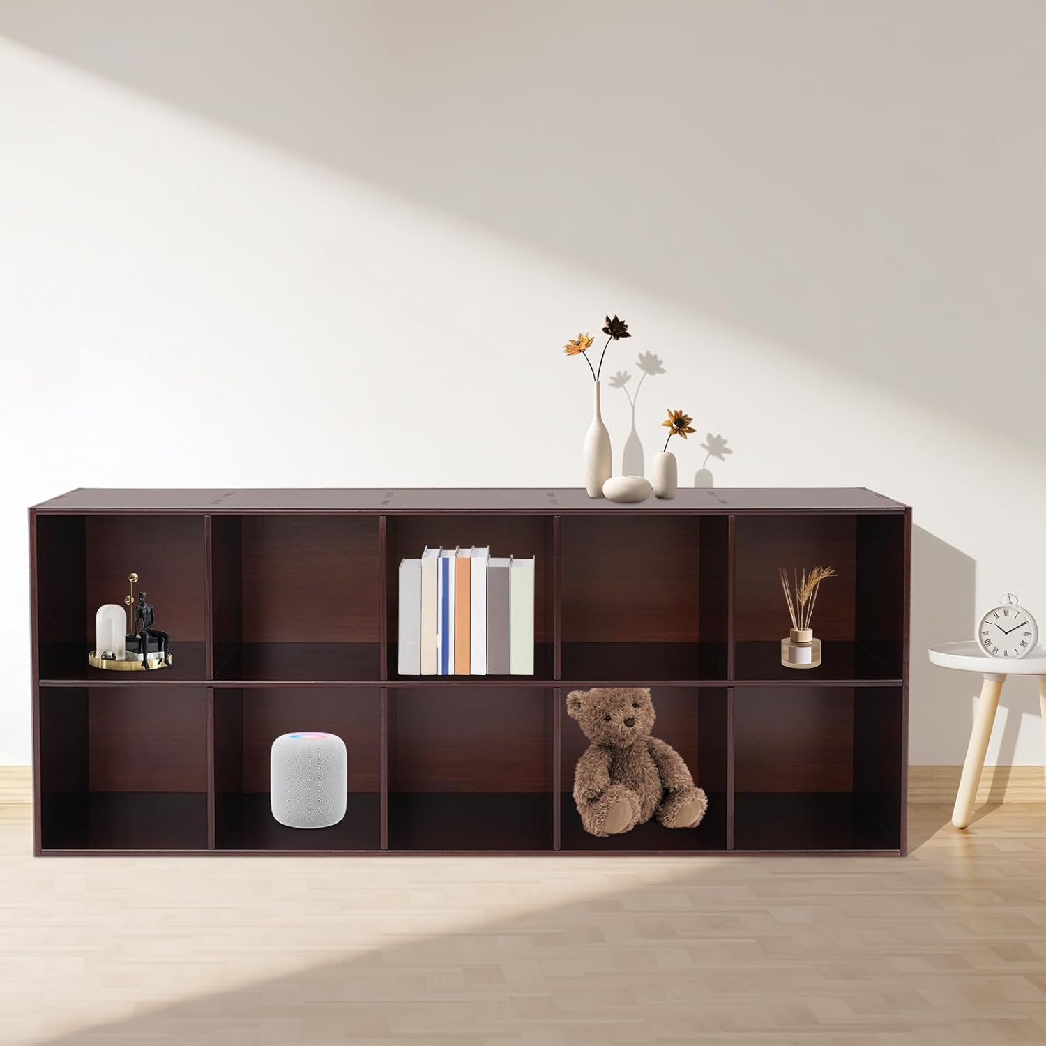 Solid Wood 10 Cube Short Bookshelf Floor Standing Bookcase Natural Wood Color Modern Open Compartments Low Shelf Storage Cabinet for Kids & Adults Living Room Bedroom Study Library (Dark brown)