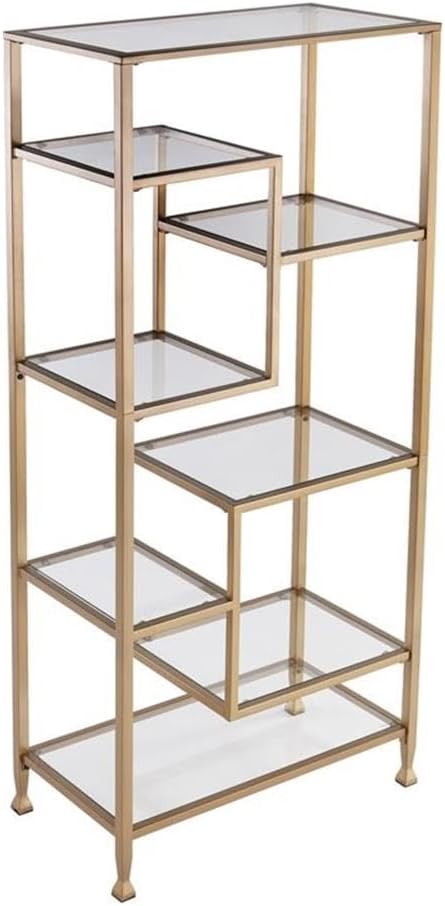 SEI Furniture Jaymes Metal-Glass Asymmetrical Bookcase in Soft Gold