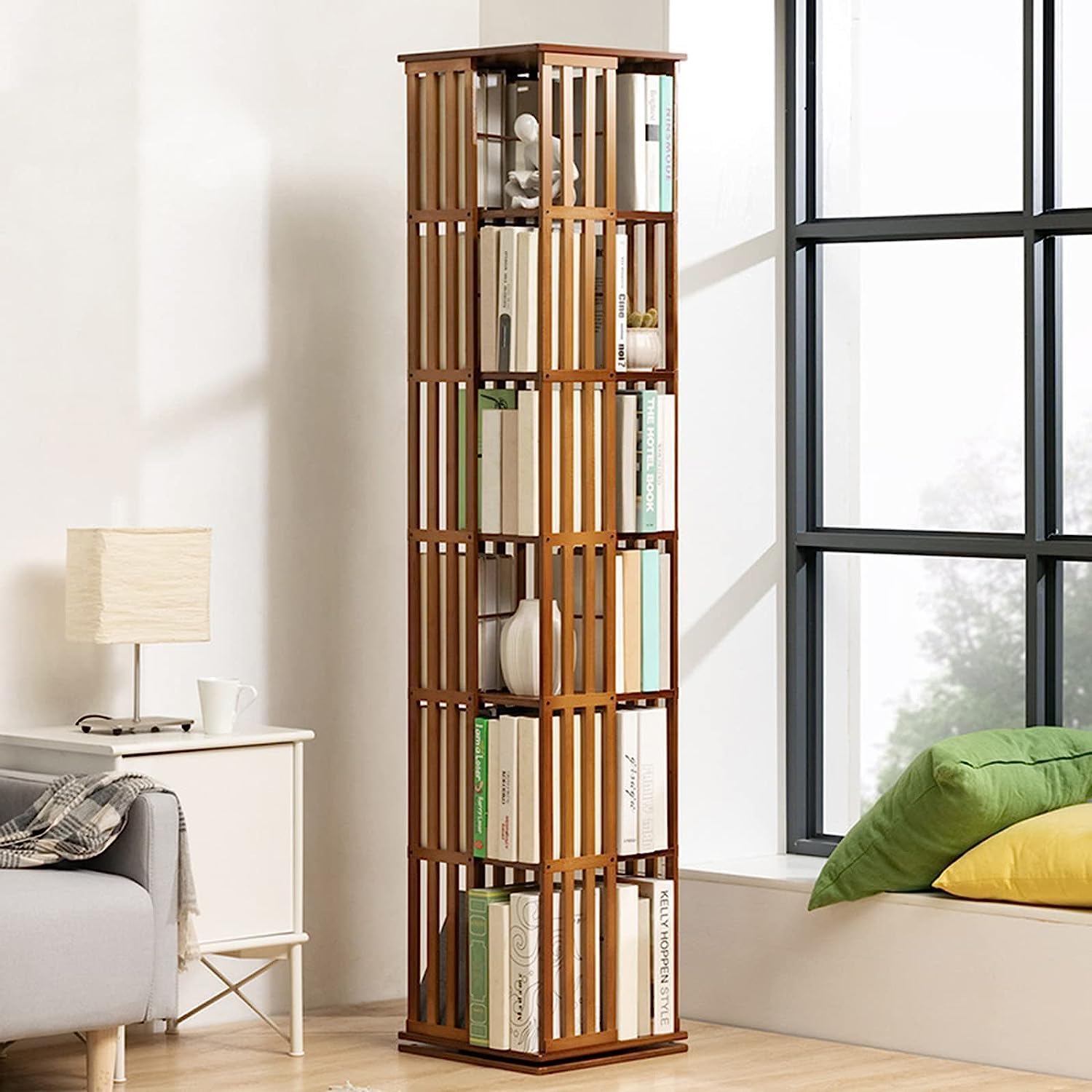 HDCCDM Bamboo Bookcase, 360° Rotating Bookshelf, 6-Tier Detachable Book Shelf Organizer, Removable Adjustable Divider, Holds Up to 200 DVDs or Books, for Home Office Decor