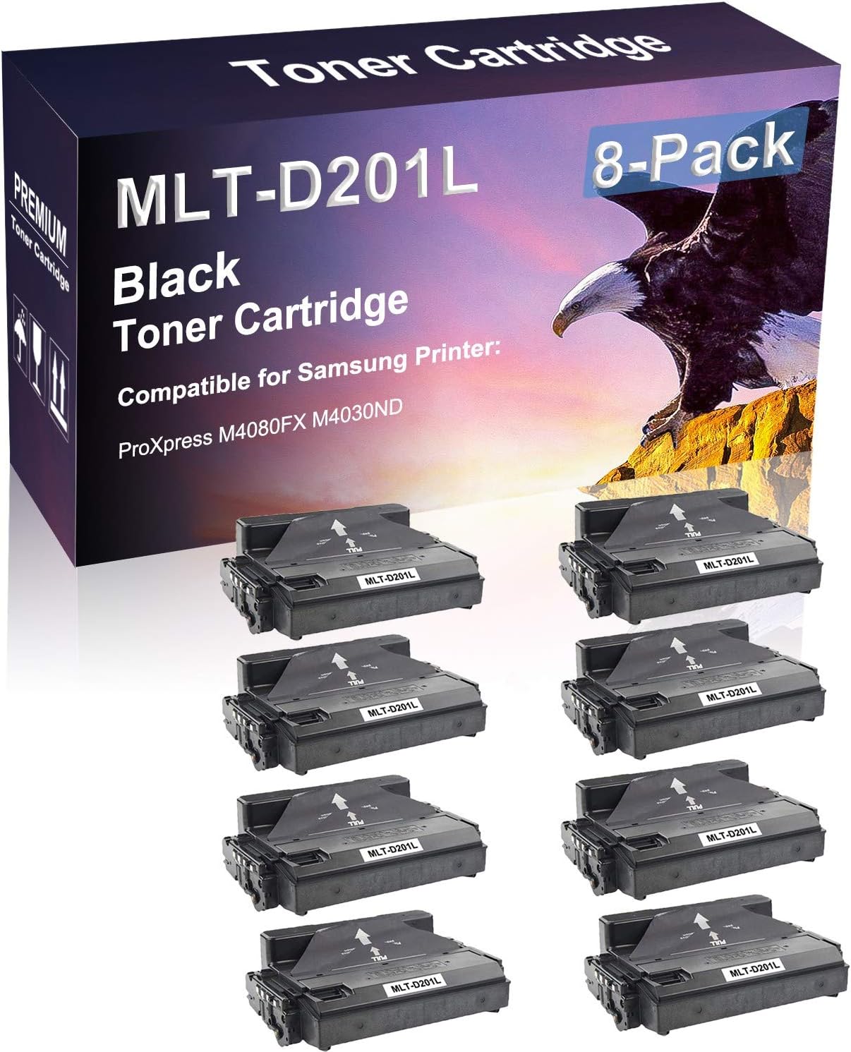 8 Pack (Black) Compatible Laser Printer Cartridge (High Yield) Replacement for Samsung D201L MLT-D201L Imaging Cartridge use for Samsung ProXpress M4080FX M4030ND Printer