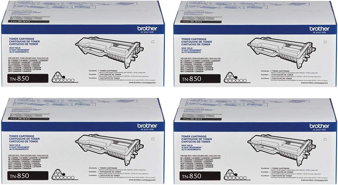 Brother Genuine High Yield Black Toner Cartridge 4-Pack, TN850, Replacement Black Toner, Page Yield Up to 8,000 Pages Each