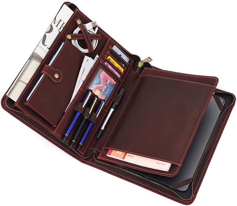 Genuine Leather Portfolio Organizer Padfolio with Zipper for Men Women,Leather Binder Notebook Suitable for 9.8-inch Laptop Legal Pad Padfolio