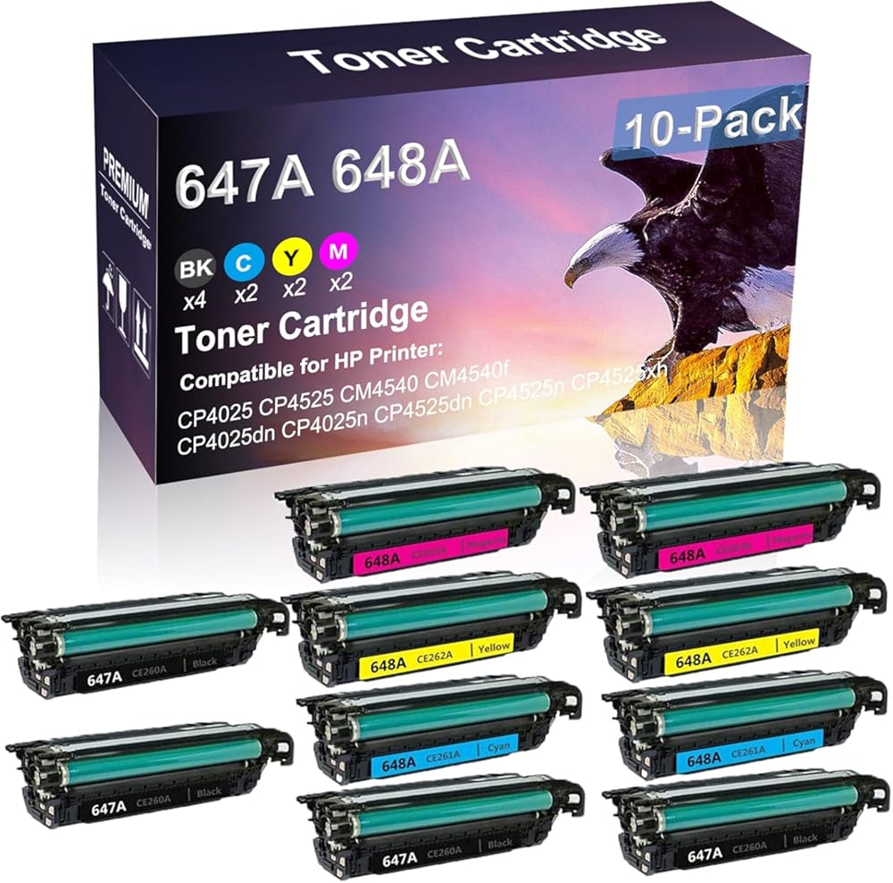 10 Pack (4BK+2C+2Y+2M) Compatible 647A 648A | CE260A CE261A CE262A CE263A Printer Toner Cartridge use for HP CM4540f CP4025dn CP4025n Printer(High Capacity)