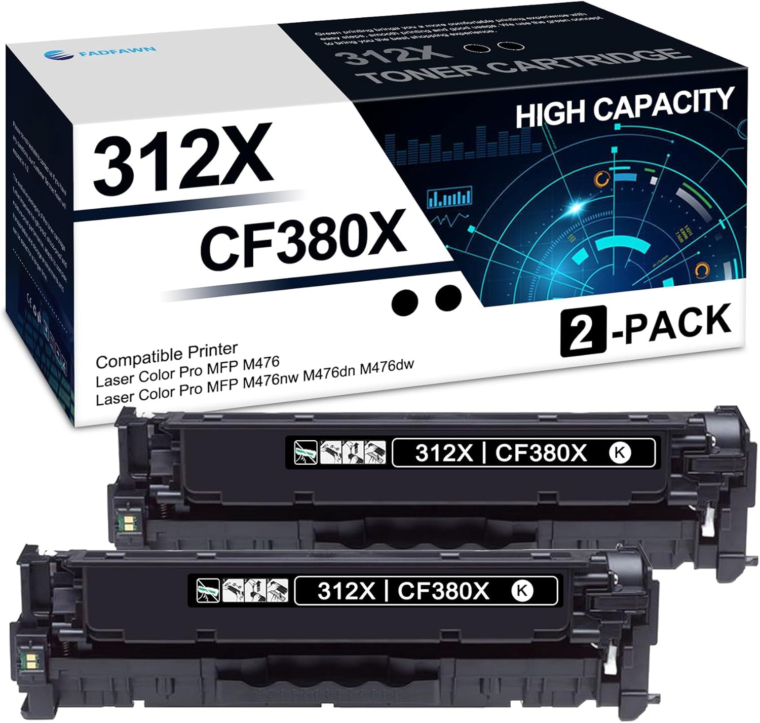 312X Black Toner Cartridge 2 Pack - Compatible 312X CF380X Toner Cartridges Replacement for HP Laser Color Pro MFP M476 MFP M476nw M476dn M476dw Printers