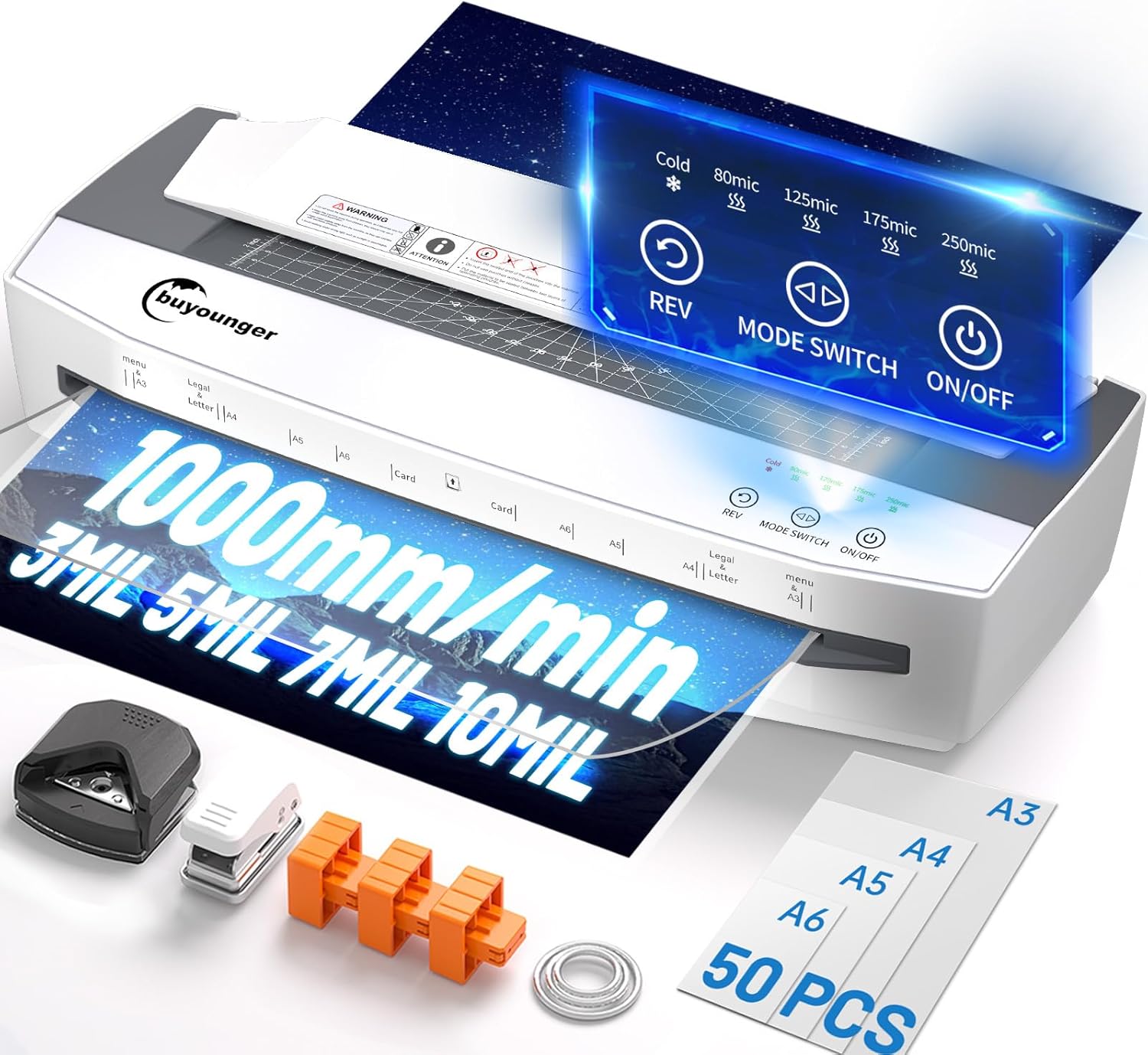 Buyounger 3-10 Mil Laminator Machine, 4-Roller Commercial Laminator Machine with 50 Laminating Sheets, 13 Inch Laminating Machine 11X17 with 1000mm/min Speed & REV Jam-Free for Office School Home