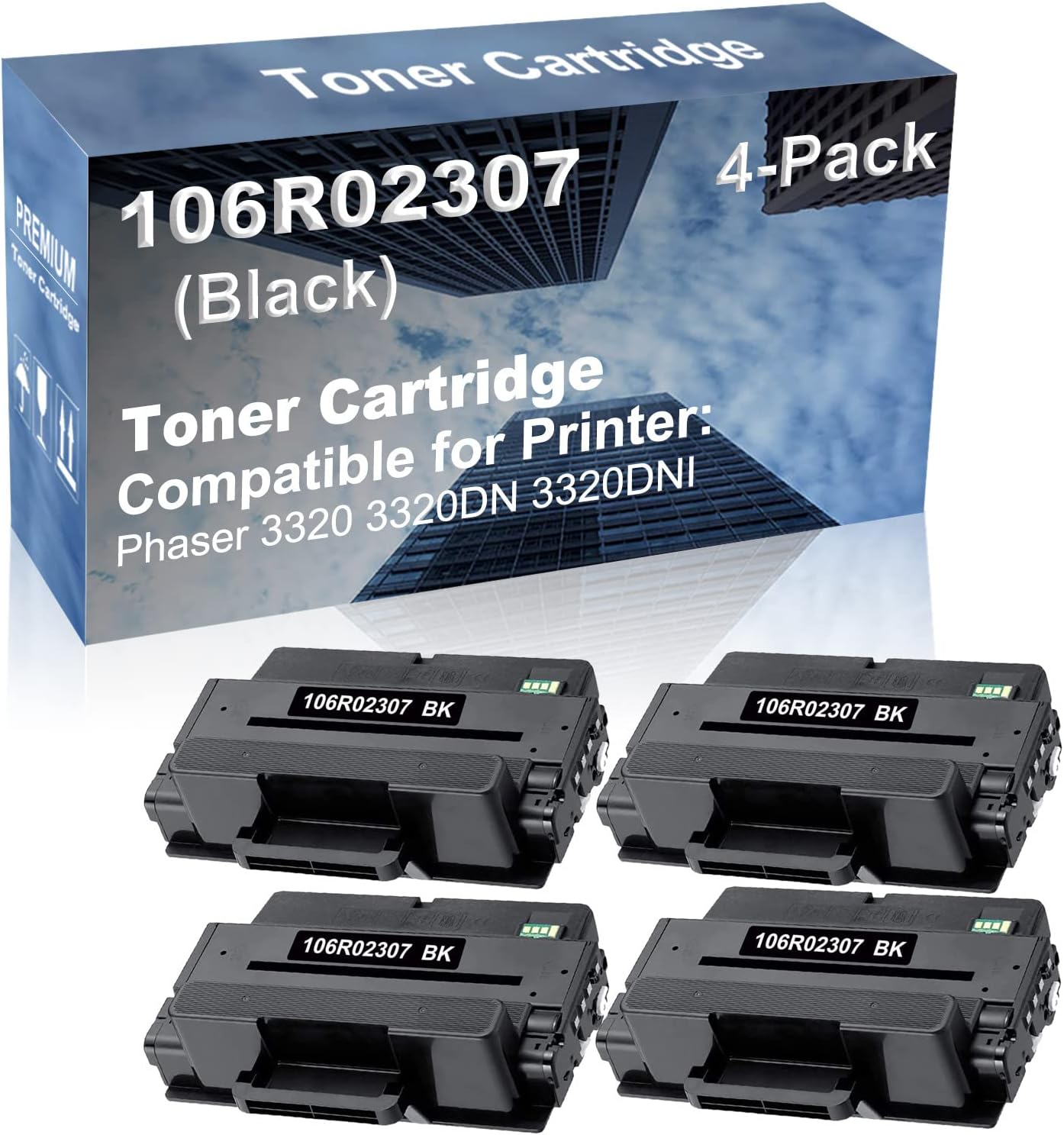 4-Pack Compatible High Capacity 3320 3320DN 3320DNI Printer Toner Cartridge Replacement for 106R02307 106R02305 Toner Cartridge (Black)