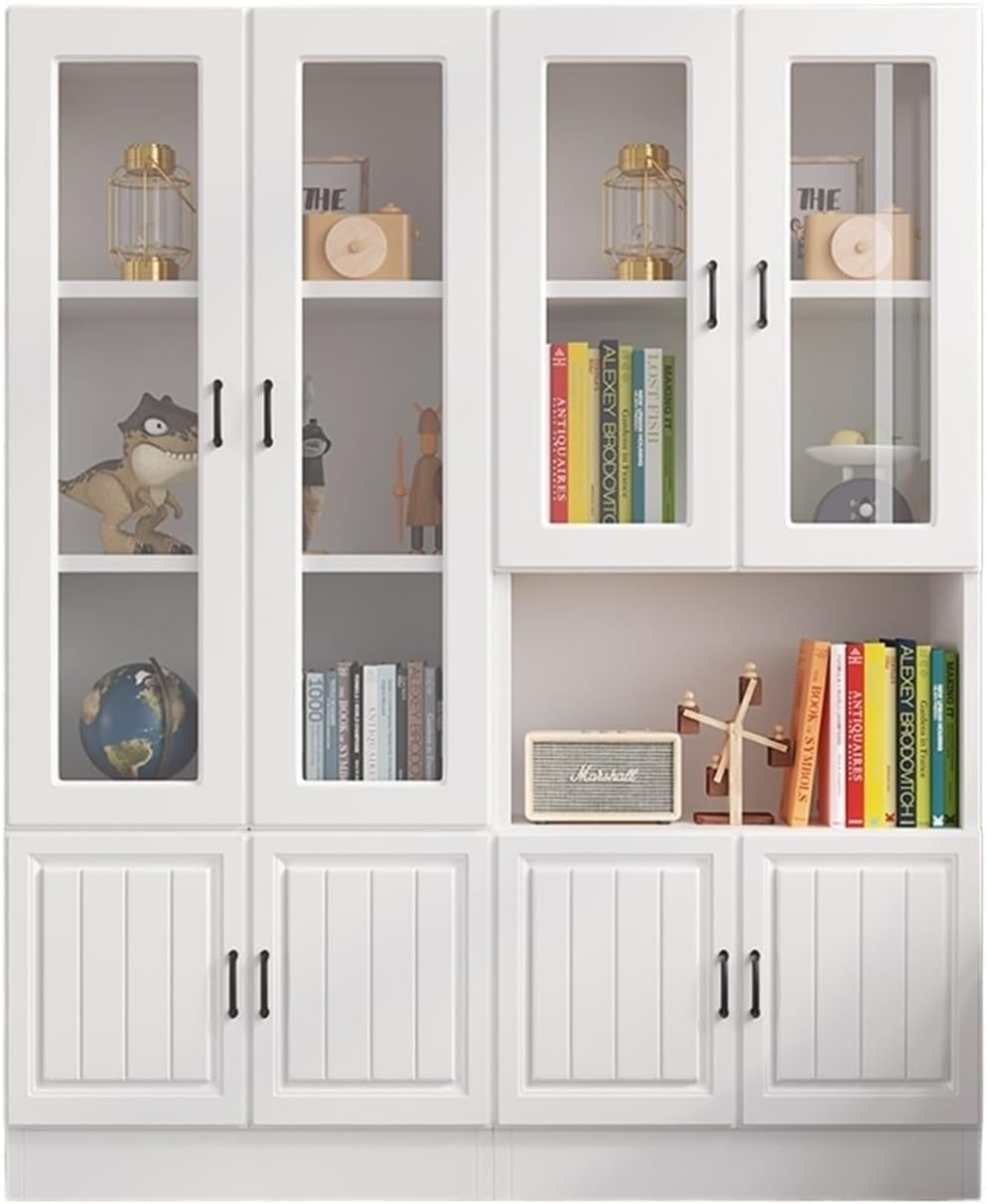 KIRANDY Bookshelf Floor Locker Dustproof Bookcase with Glass Door, Storage Cabinet Small Cabinet for Living Room Shelf (Color : 150+150cm White L)