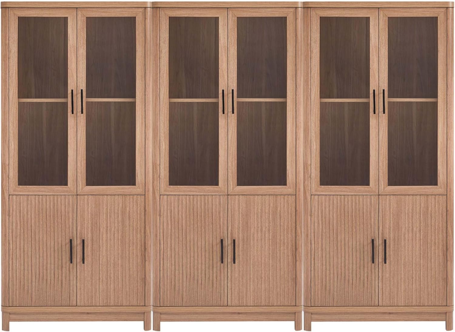 Manhattan Comfort Jodie Bookcase Elegant Bookshelf with 6 Adjustable Shelves, Tempered Glass Doors, Ribbed Wood Accents, Modern Storage Cabinet for Living Room or Home Office