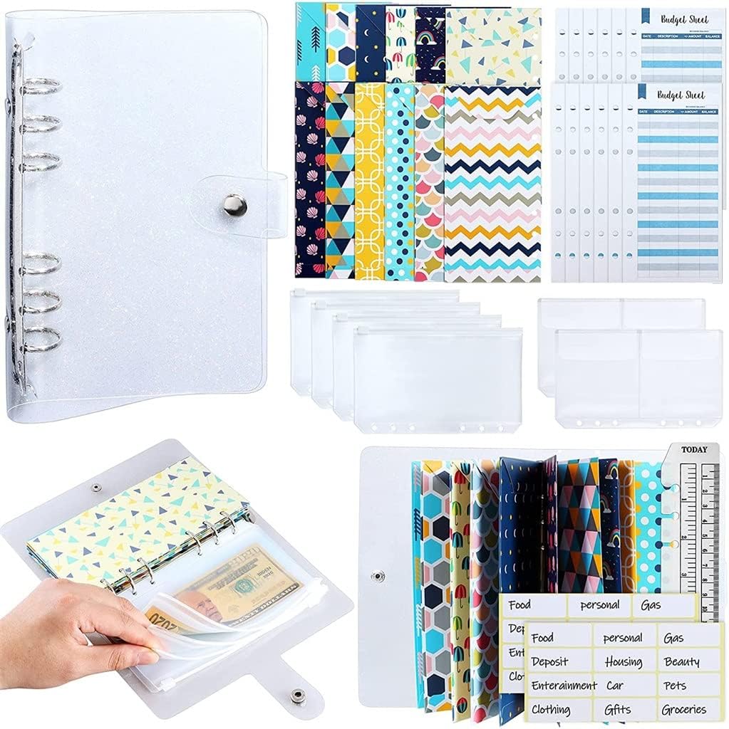 PSJVUR 34 Pcs Budget Binder Cash Envelope Planner System, with Money Envelopes,Expense Sheets, PVC Storage Bags, Labels, Ruler