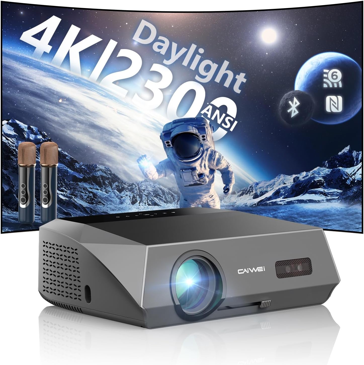 Smart 4K Projector Movie Gaming Karaoke TV, 2300 ANSI High Brightness Ultra HD Proyector Indoor Daylight, NFC, Auto Focus, WiFi 6, Bluetooth, DSP Audio, HDMI, Outdoor Home Theater/Bright Room, 2025