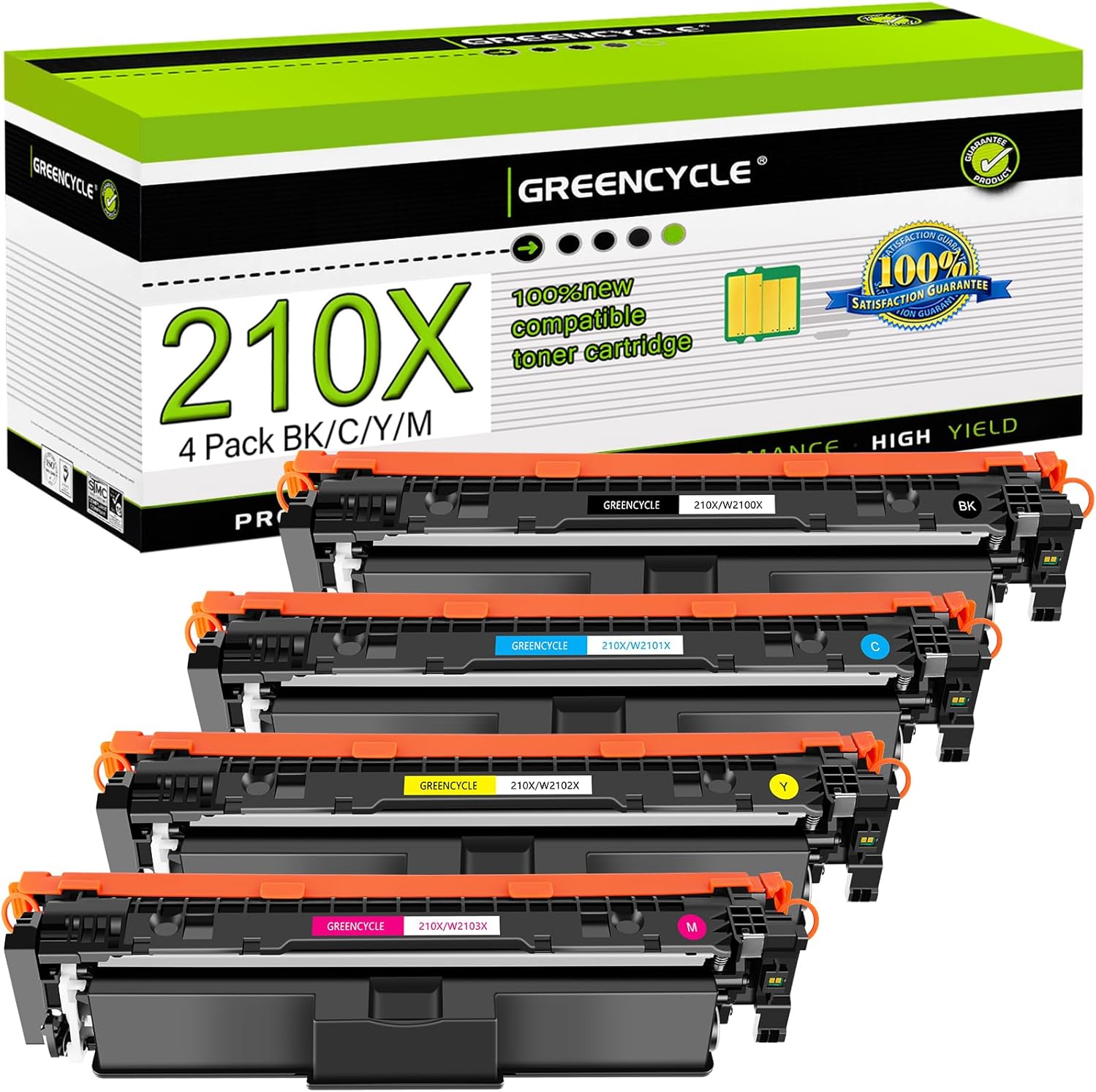 greencycle 210X 210A High-Yield Compatible Toner Cartridge Replacement for HP 210X 210X W2100X work with Laser jet Pro MFP 4301fdw 4301fdn 4201dw 4201dn Printer (4-Pack BK/C/Y/M,Built-in latest chips)
