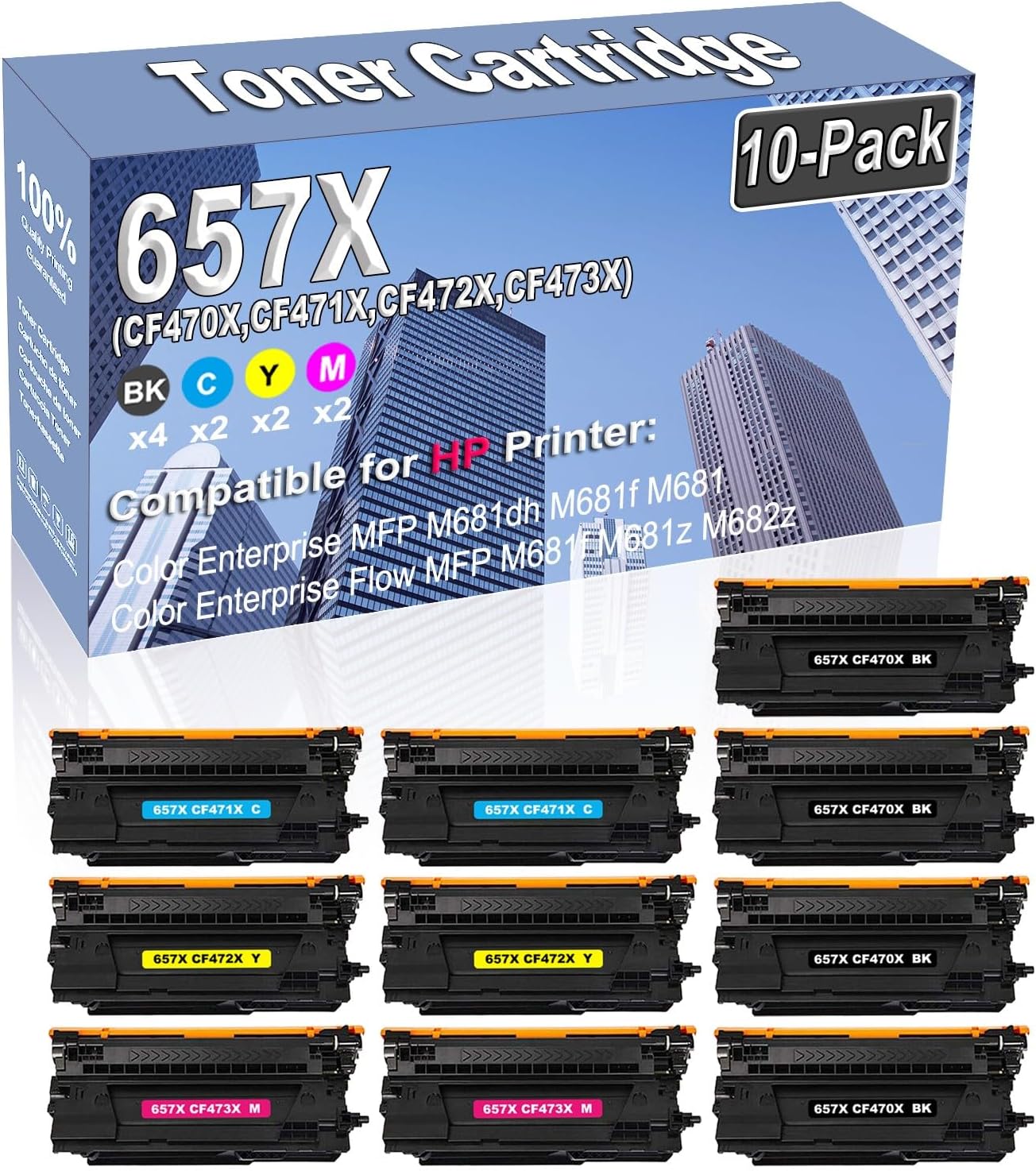 10-Pack (4BK/2C/2Y/2M) Compatible High Capacity 657X (CF470X CF471X CF472X CF473X) Color Toner Cartridge use for HP Color Enterprise MFP M681dh M681f M681 Printer