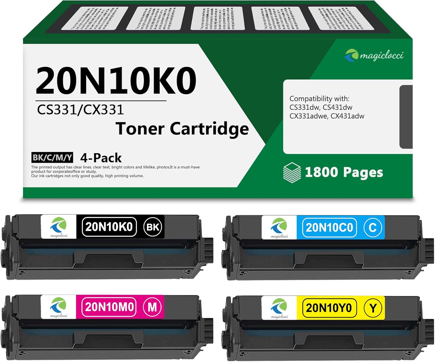 magiclocci 20N10 Toner Cartridges (4Pack, BK/C/M/Y) Compatible 20N10K0, 20N10C0, 20N10M0, 20N10Y0 Toner Cartridge Set Replacement for Lexmark CS331, CS431, CX331, CX431 Printer | CS331 CX331 Toner