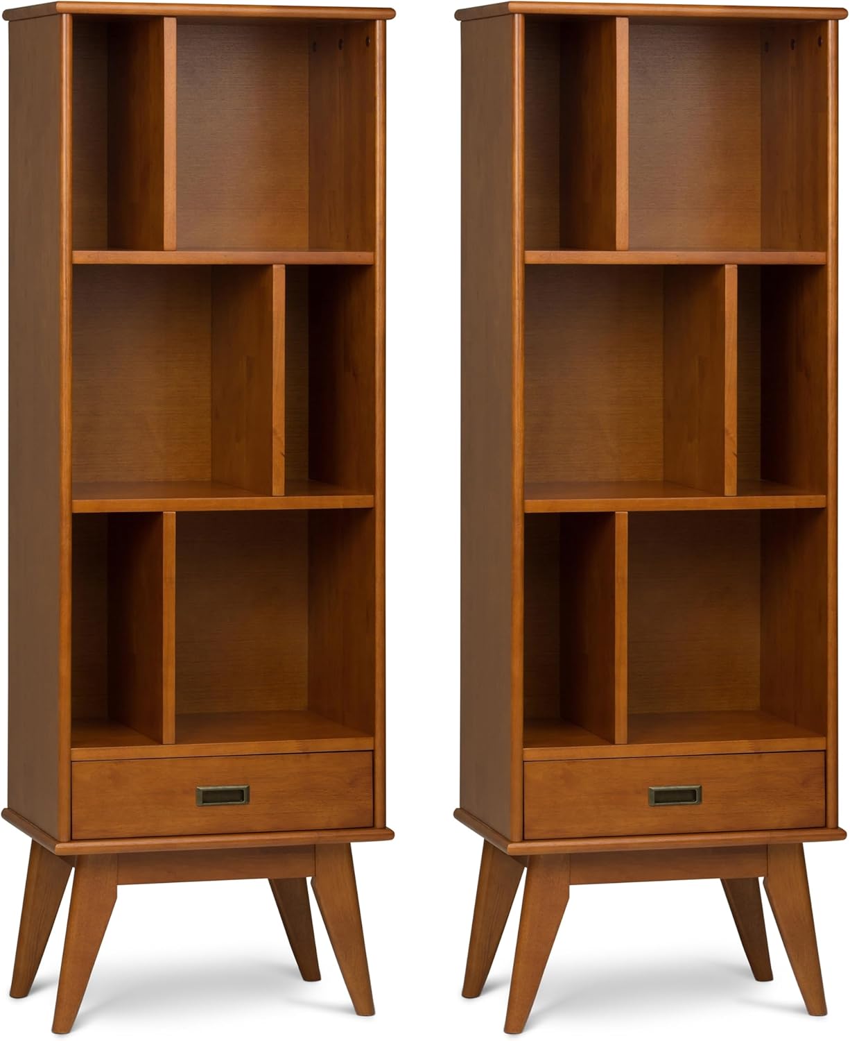 SIMPLIHOME Draper 22 inch Mid-Century Modern 6 Cubbie Bookcase with Drawer (Set of 2) in Teak Brown for The Living Room, Study Room and Office