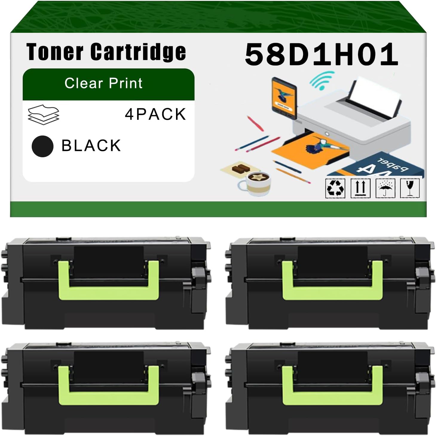 Compatible for Lexmark 58D1H01 Toner Cartridge MS823dn MS823n MS825dn MS826de Printers, High Yield 25000 Pages Bright Clear Colors (4 Pack Black)