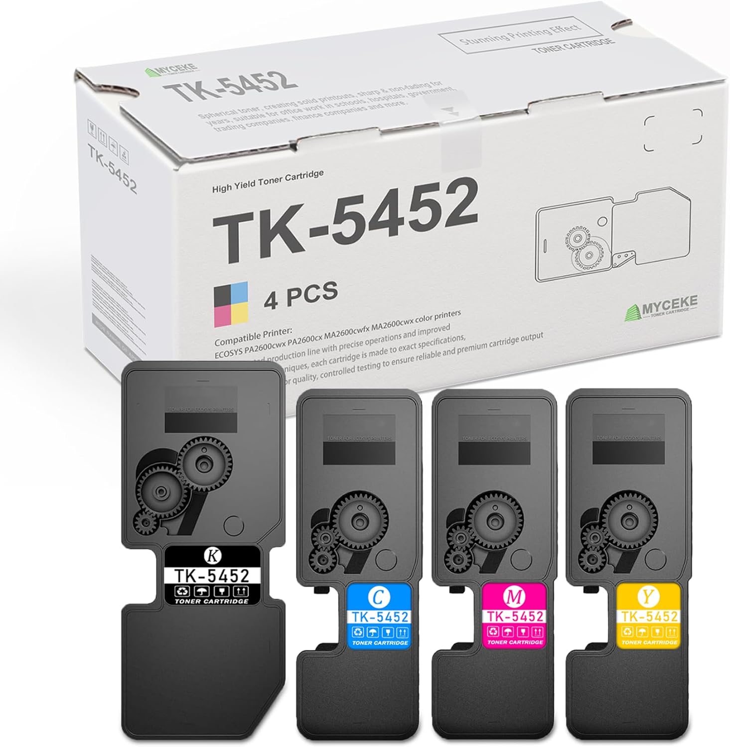 Myceke 4 Pack TK5452 Toner Cartridge: Compatible TK5452K TK5452C TK5452M TK5452Y Toner Replacement TK-5452 Toner for Kyocera ECOSYS PA2600cwx PA2600cx MA2600cwfx MA2600cwx Printer