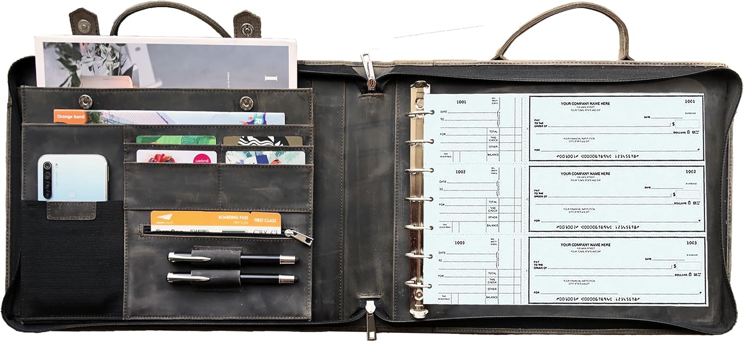 7 Ring Check Binder Cowhide Leather Check Portfolio for 3-Up Business Checks, Check Book Binder with Handle, Zippered Check Holder with 500 Check Capacity