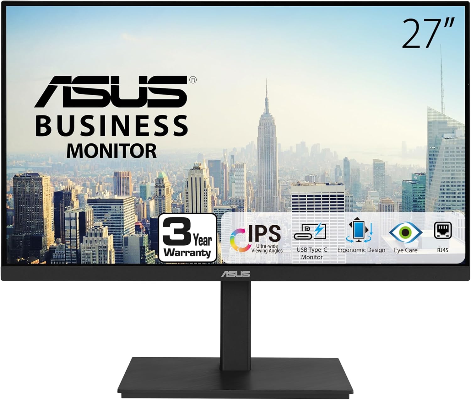 ASUS 27” 1080P Docking Monitor (VA27ECPSN) – Full HD, IPS, 75Hz, Adaptive-Sync, Speakers, Eye Care, Low Blue Light, Flicker Free, RJ45, USB-C, DisplayPort, HDMI, Height Adjustment, VESA Wall Mountable
