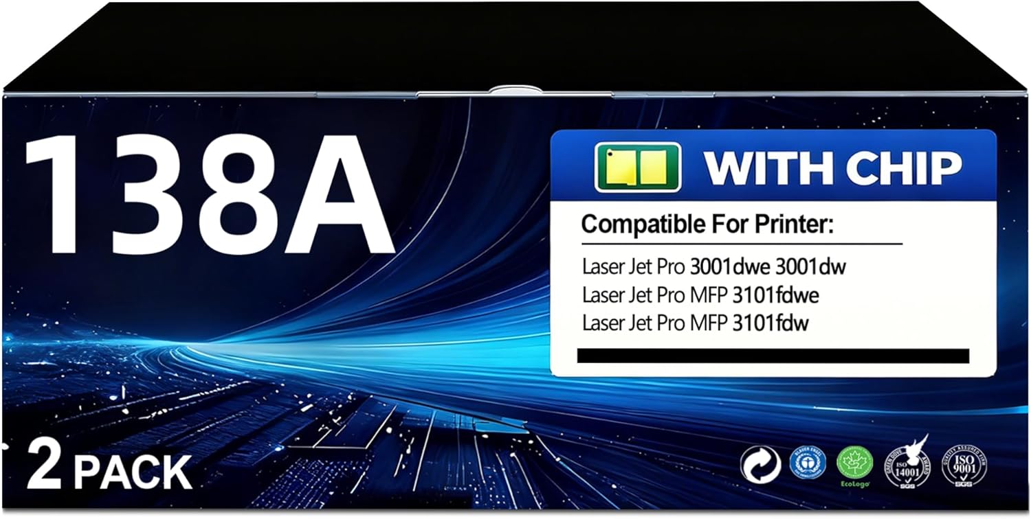 138A Black Toner Cartridges Compatible for HP 138A W1380A Toner to Use with Laser Jet Pro MFP 3101fdw Toner, Pro 3001dw 3001fdw Printer (2-Pack, with Chip)
