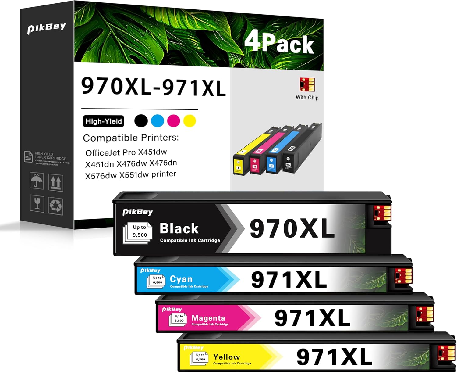 PikBey 970XL 971XL Ink Cartridges Replacement for HP 970 971 Ink Cartridges for OfficeJet Pro X451dw X451dn X476dw X476dn X576dw X551dw 4 Pack (1Black, 1Cyan, 1Magenta, 1Yellow)