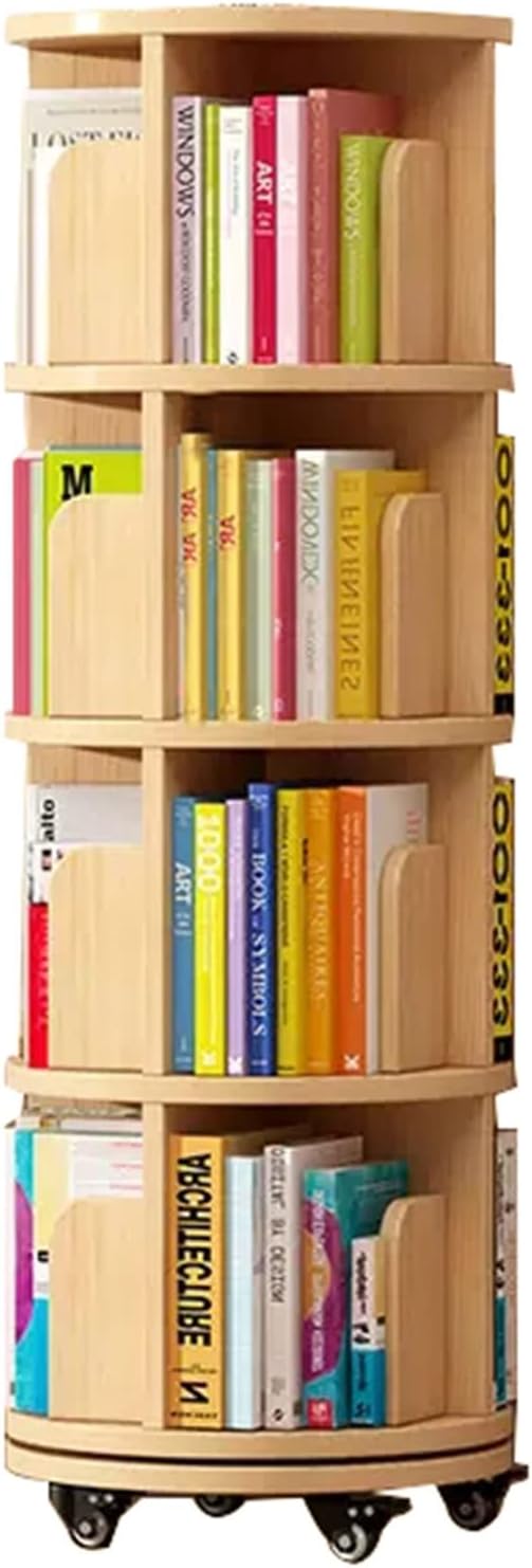 IOCCIOBB Bookcases 360° Rotating Bookshelf Children's Reading Rack Multifunctional Book Storage Rack 2/3/4 Layers with Wheels (Color : Wood, Size : 40 * 137.7cm)
