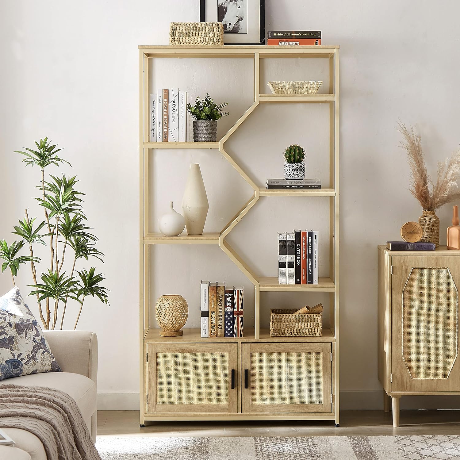 FocusOnHome Rattan Bookshelf 7 Tiers Bookcases Storage Rack with Cabinet for Living Room Home Office, Natural, 39.4'' W x 13.8'' D x 75.6'' H.