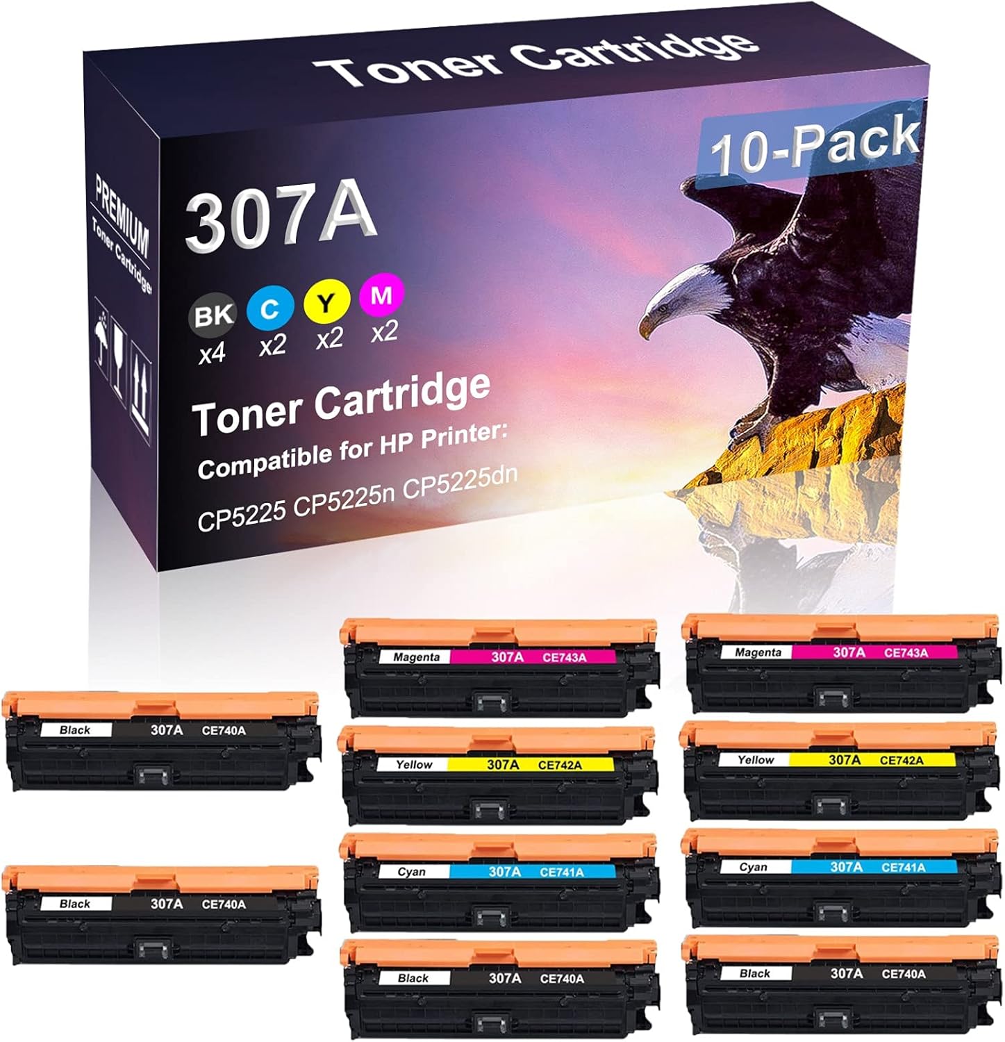 10 Pack (4BK+2C+2Y+2M) Compatible 307A | CE740A CE741A CE742A CE743A Printer Toner Cartridge use for HP CP5225n Printer(High Capacity)