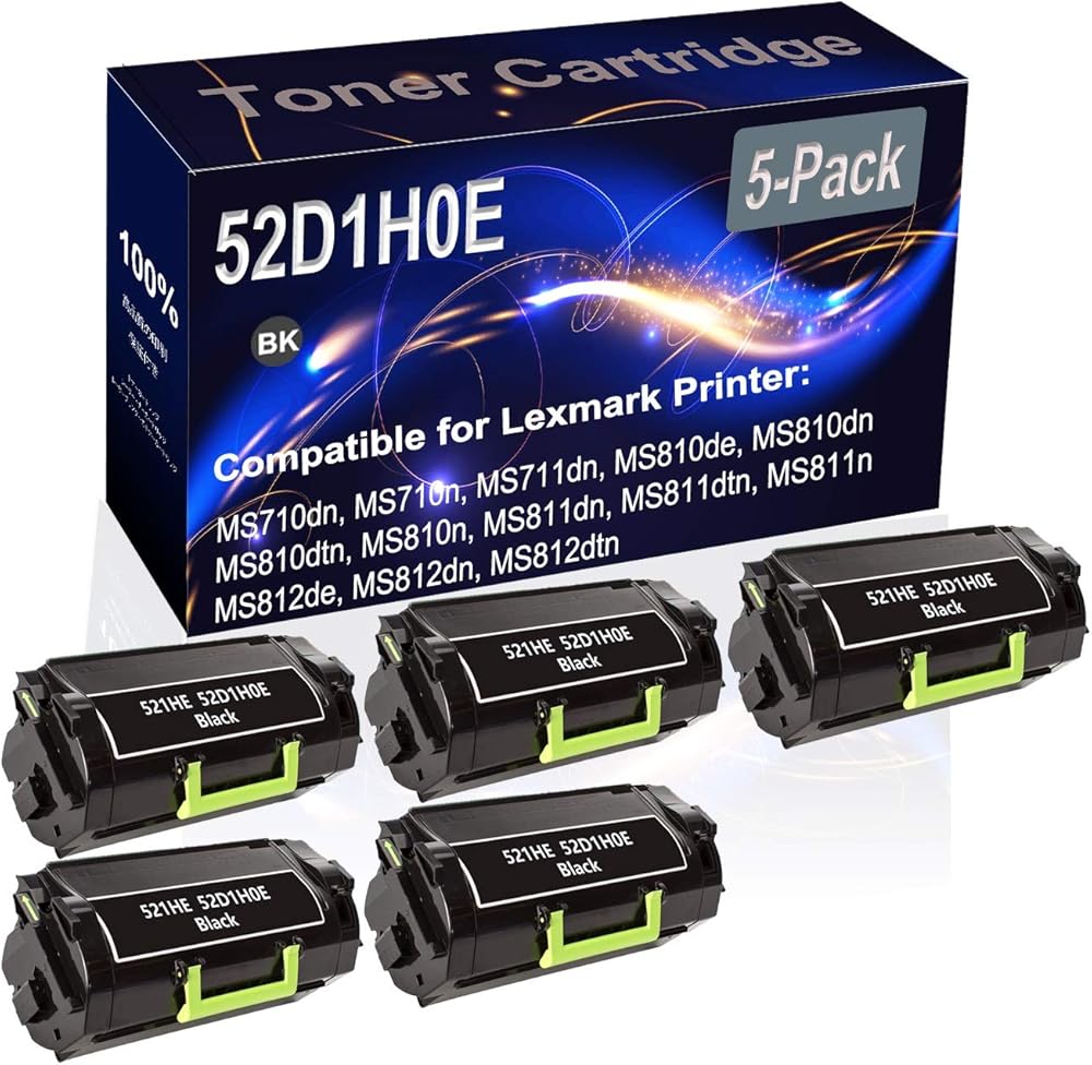 Kolasels 5-Pack (Black) Compatible High Yield 521HE 52D1H0E Printer Cartridge use for MS710dn MS710n MS711dn MS810de MS810dn MS810dtn Printer