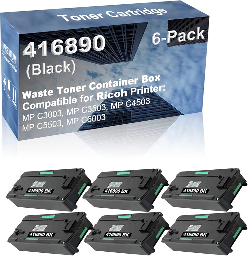 6-Pack Compatible High Capacity 416890 Waste Toner Container Box use for Ricoh MP C3003, MP C3503, MP C4503, MP C5503, MP C6003 Printer (Black)